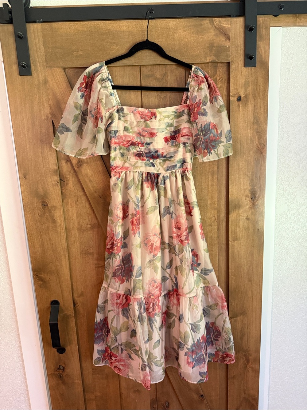 Abercrombie & Fitch Floral Chiffon Smocked Square Neck Midi Dress Pink & Green